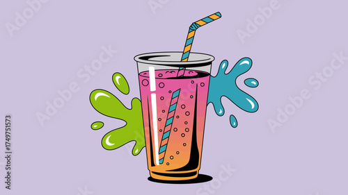 Illustration of a plastic cup with a pink and orange drink and a straw with colorful splashes