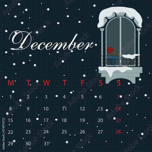  Winter calendar, window covered with snow, and a rose on the windowsill.
