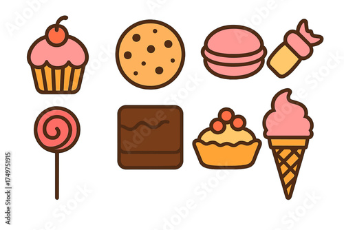 Collection of colorful sweet dessert and candy icons for graphic design