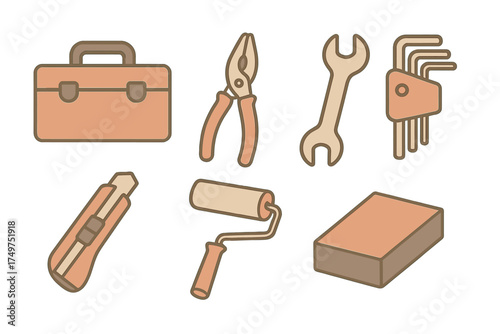 Isometric icons of construction and repair tools in warm muted colors
