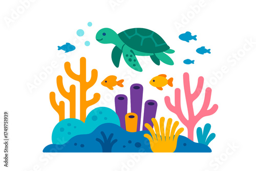 Cute sea turtle swimming above colorful coral reef and small fish