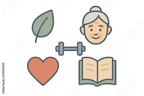 Set of icons for senior wellness and healthy aging lifestyle concept
