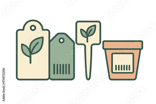 Gardening plant labels tags and small flower pot icons set