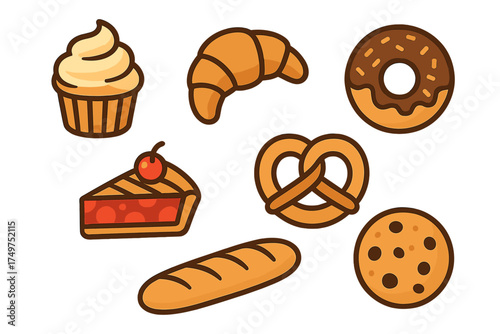 Sweet and savory baked goods icons assortment for food design