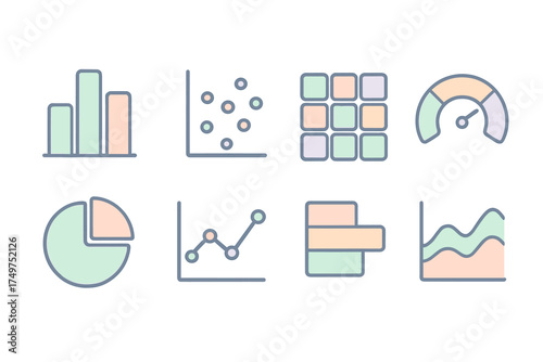 Eight pastel colored icons for data visualization and statistical metrics