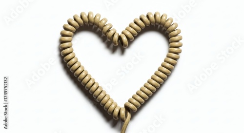 Top-down close-up of a tangled old-fashioned analog telephone cord shaped into a human heart on a stark white background, representing enduring connection and love.