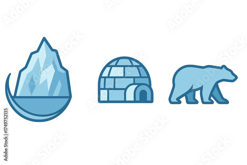 Collection of stylized blue icons featuring arctic wildlife and structures