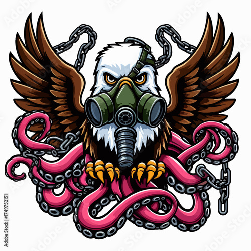 Stylized illustration of an eagle wearing a gas mask with octopus tentacles and chains.