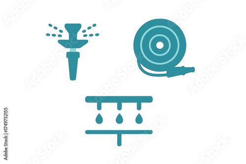 Garden watering equipment icons set with sprinkler hose and drip system