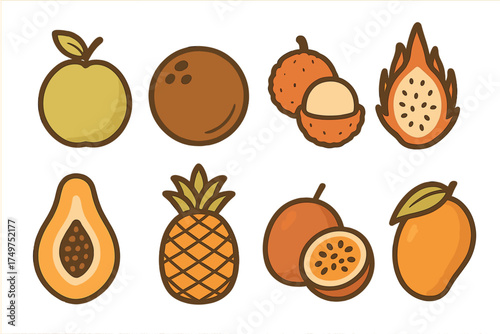 Collection of tropical and exotic fruit icons: apple, coconut, lychee, dragon fruit, papaya, pineapple
