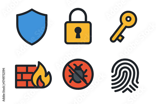 Digital security icons featuring shield lock firewall antivirus and biometric fingerprint