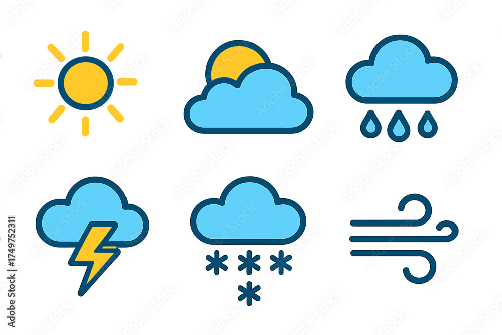 Obraz premium Stylized weather condition icons for digital forecast display
