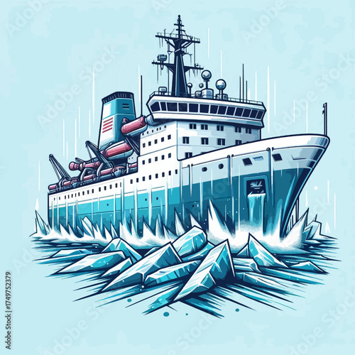 A stylized illustration of a powerful icebreaker ship navigating through thick blue and white ice, showcasing its robust design.