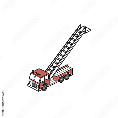 Red fire truck with extended ladder in isometric view