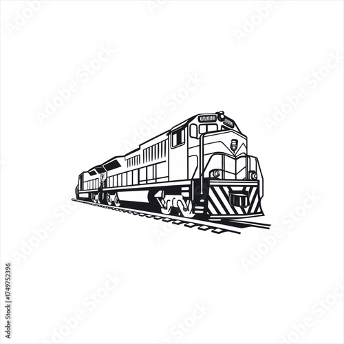 Black and white illustration of a modern diesel locomotive on railroad tracks