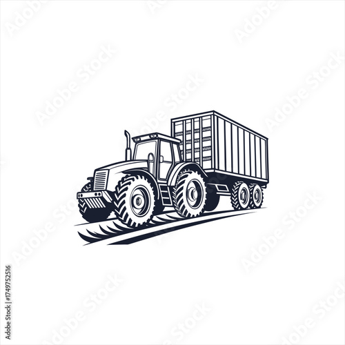 Black and white illustration of a tractor pulling a trailer