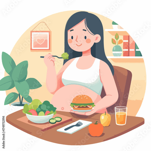 Pregnant woman enjoying a meal with both healthy salad and a burger, illustrating dietary choices during pregnancy.