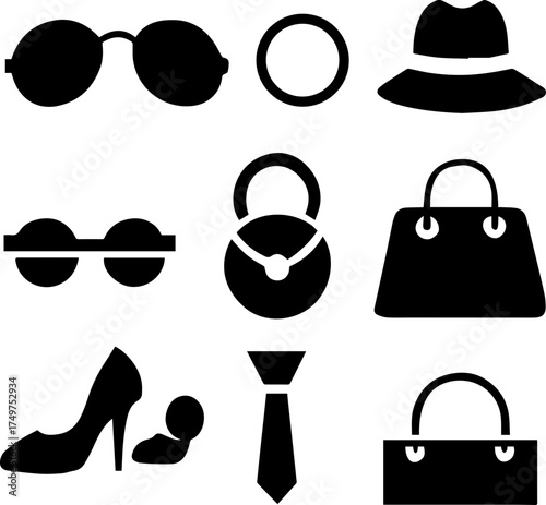 This vector set collection of vintage hipster fashion accessories includes sunglasses, hats, and a mustache illustration in black silhouette style