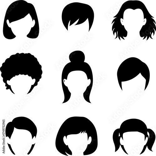 Vector set of hair styles icons: human head silhouettes with various fashionable haircuts for men and women's profile avatar illustration