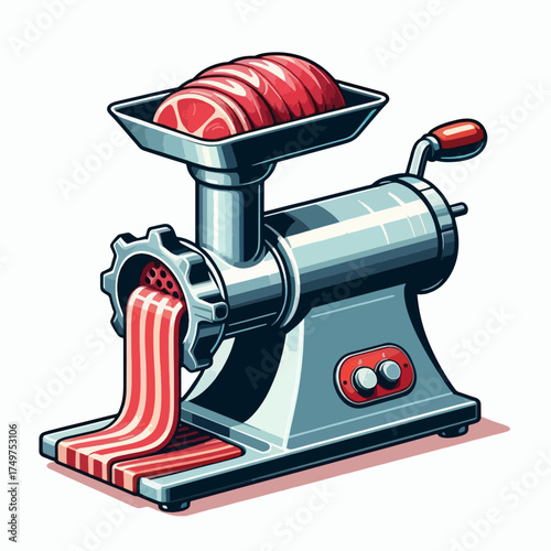 Illustration of a meat grinder processing raw red meat into ground meat.