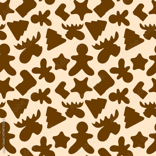 Charming seamless Christmas pattern of gingerbread men, moose heads, trees, and stars in dark brown on a cream background, ideal for holiday baking digital paper or textile print.