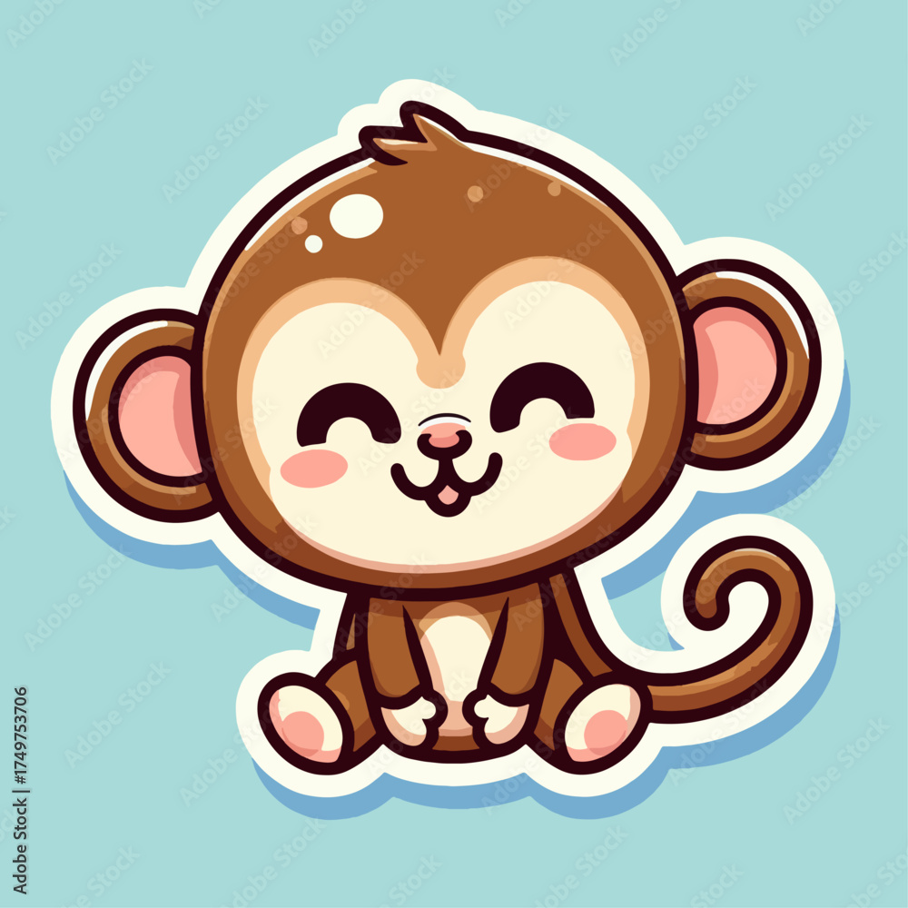 Fototapeta premium A cute cartoon baby monkey with big eyes and a happy smile, sitting on a light blue background.