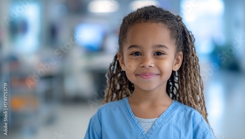 A sweet young girl smiles in her scrubs ready to learn and begin her medical journey in a bright modern hospital today