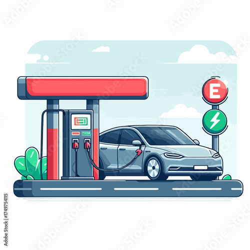 Illustration of an electric car charging at a charging station with a red canopy and an E sign.
