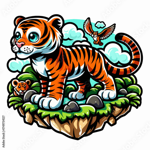 A cute cartoon tiger cub stands on a floating island with a small mouse and a flying eagle.