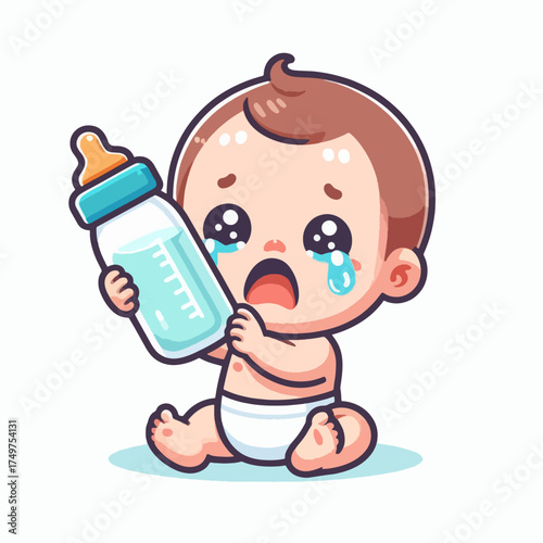 A cute cartoon baby with big teary eyes crying while holding a large milk bottle.