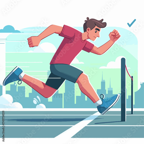 A determined male athlete sprints towards the finish line, showcasing speed and athletic achievement.