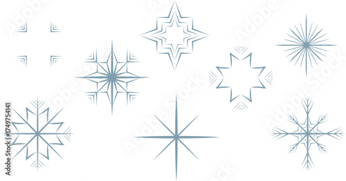 Elegant vector clip art set featuring a collection of minimalist snowflakes, geometric stars, and frosty winter design elements in a sophisticated dusty blue, ideal for seasonal winter designs.