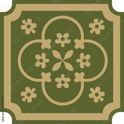 Vector gold and green ancient Roman ornament elements. Classic European parts of patterns. Lilies and crowns