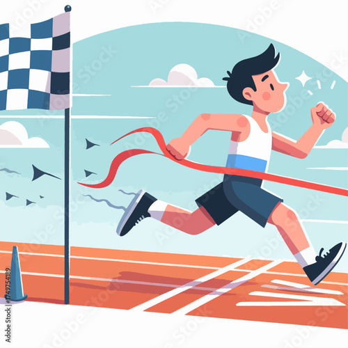 A cartoon illustration of a young man running towards the finish line, celebrating victory.