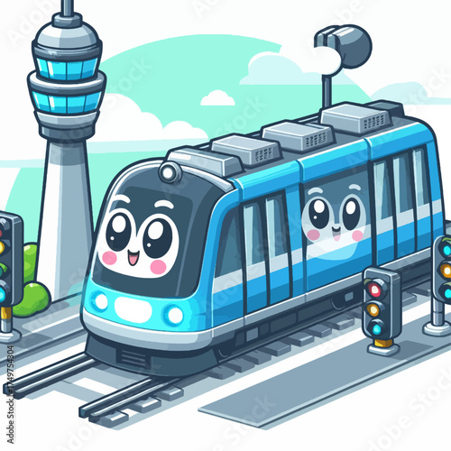 A cute, cartoon-style blue train with large, expressive eyes and rosy cheeks travels along train tracks next to traffic lights and a control tower.