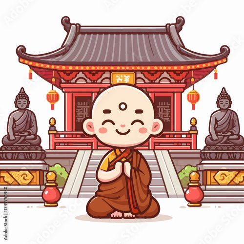 Cute cartoon monk meditating in front of a traditional Asian temple with Buddha statues, a serene and spiritual scene.