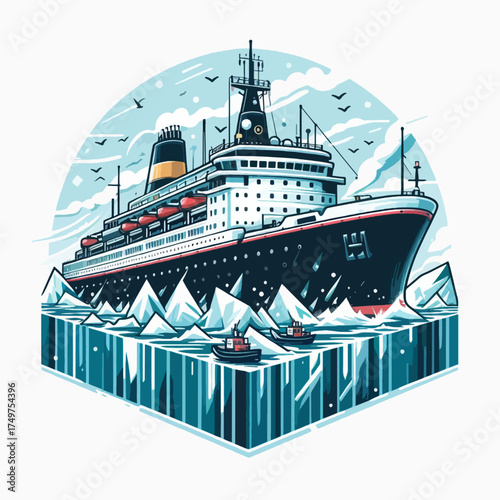 Detailed illustration of a large cruise ship navigating through icy waters with icebergs and smaller boats, set against a cold, mountainous backdrop.