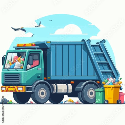 Cartoon illustration of a garbage truck collecting waste, with a driver and bins.