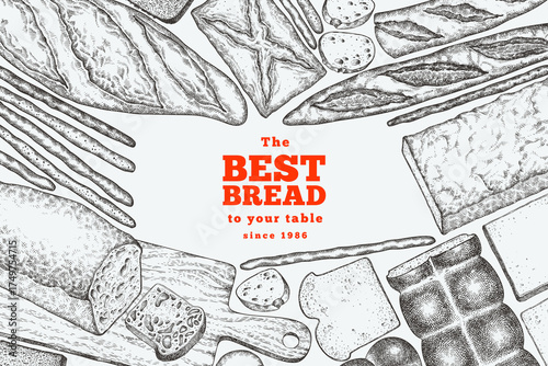 Hand Drawn Vector Bakery Illustration. Not AI Generated. Retro Bread Kinds Design Template. Old School Baking Products