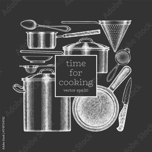 Vintage Hand Drawn Vector Design Template of Cutlery. Not AI Generated. Chalk Board Retro Utensils Engraved Kitchen Old Style Illustration