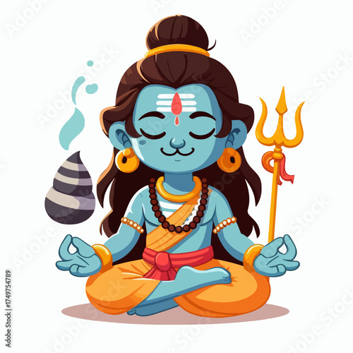 Cartoon illustration of Lord Shiva meditating with a trident and a water droplet.