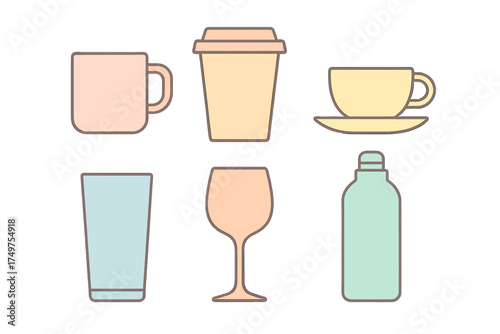 Six stylized drinking vessel icons in soft pastel colors