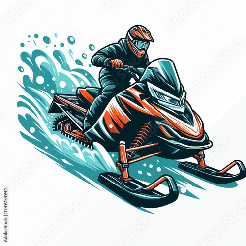 Dynamic vector illustration of a person riding a snowmobile at high speed, splashing through snow.