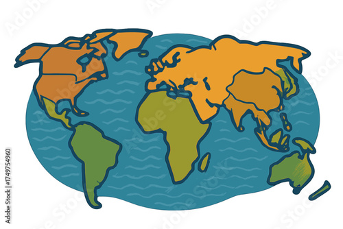 Stylized world map continents displayed against textured ocean background