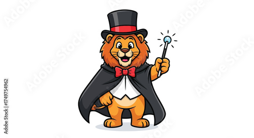 A cartoon lion dressed as a magician holding a magic wand.