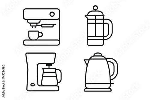 Four black outline icons for coffee makers and electric kettle