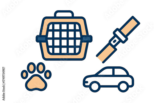 Pet travel safety icons including carrier, paw print, car, and seatbelt