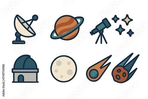 Set of stylized icons for astronomy and space exploration concepts