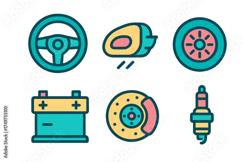 Stylized icons for automotive spare parts and essential vehicle accessories