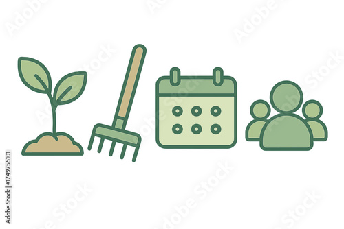 Gardening teamwork schedule icons featuring seedling and rake
